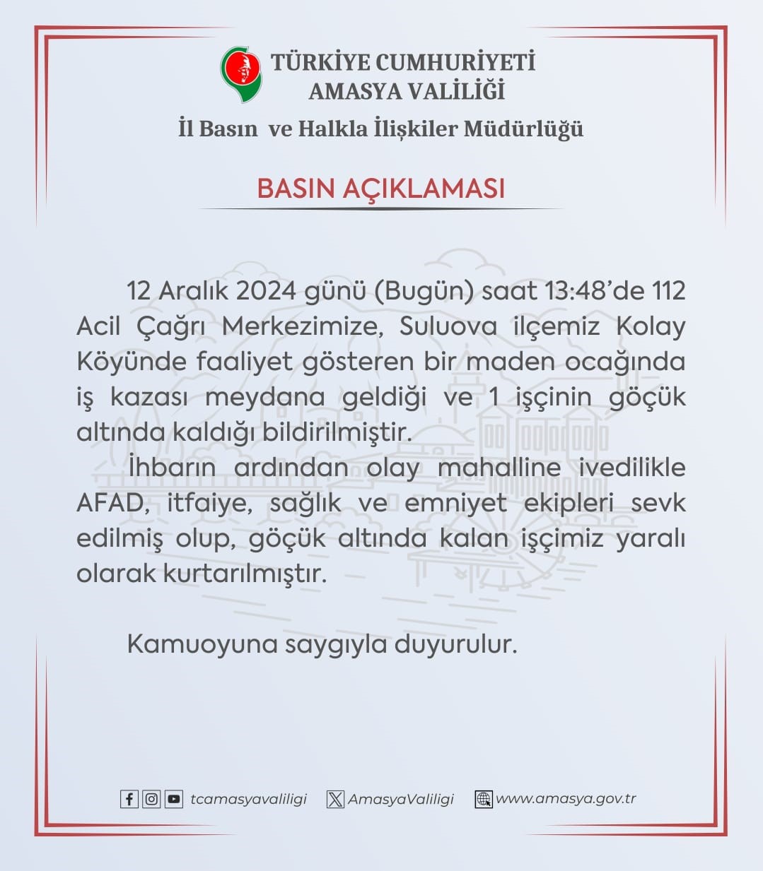 Amasya’da maden ocağında göçük: 1 yaralı
