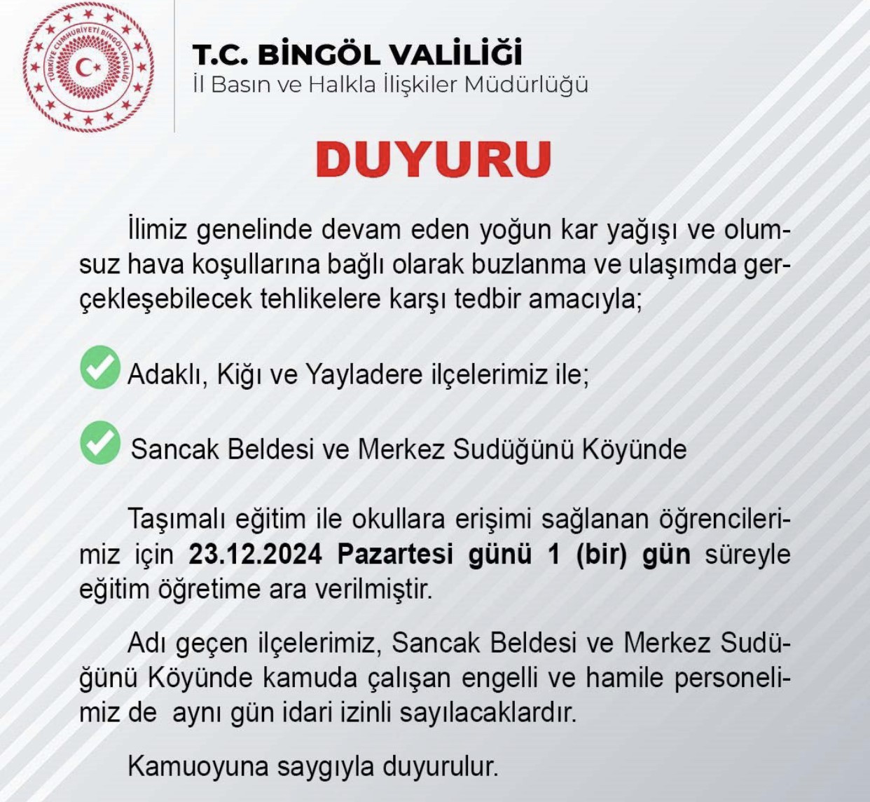 Bingöl’ün üç ilçesinde taşımalı eğitime 1 gün ara verildi
