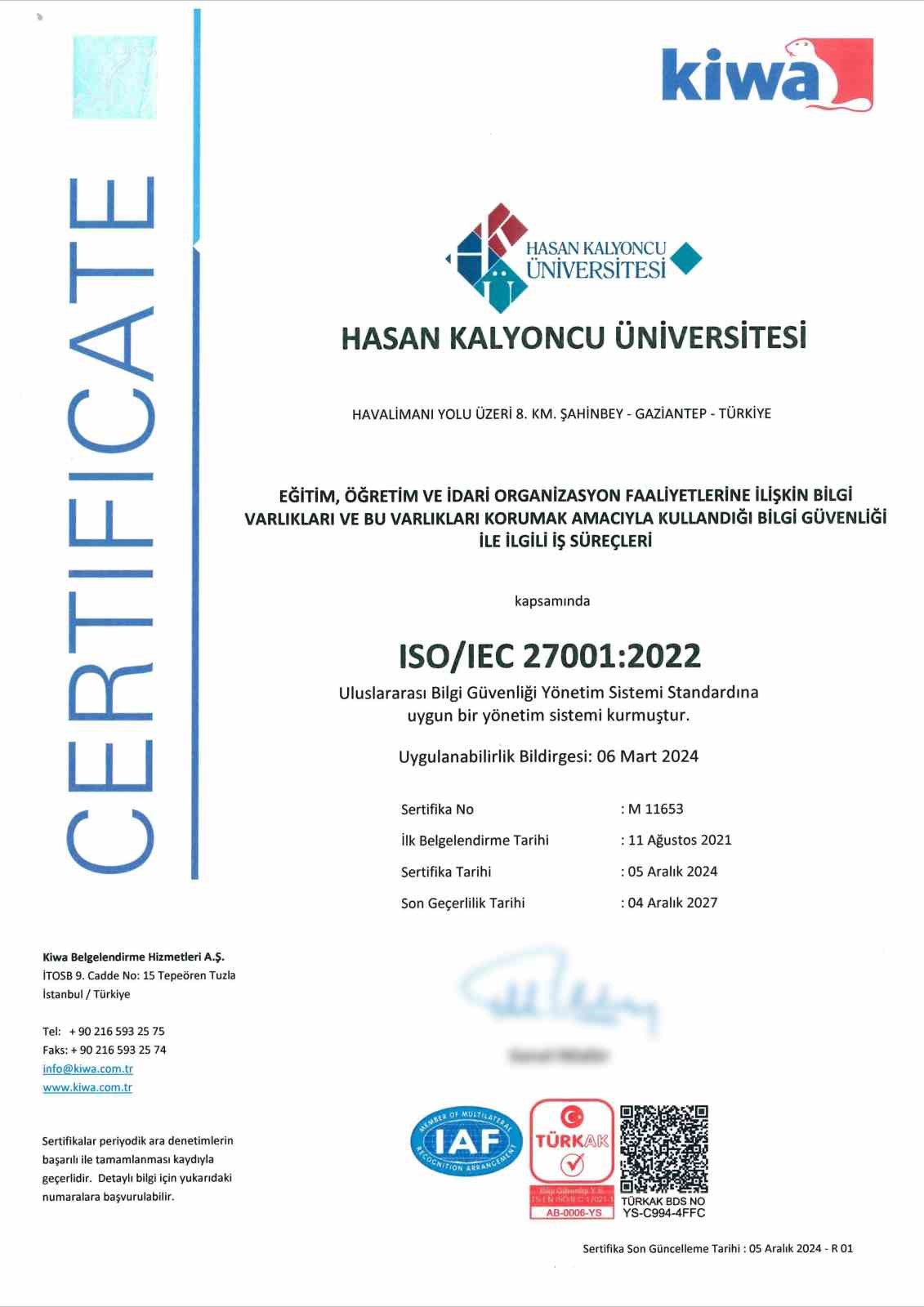 HKÜ, ISO 27001 Bilgi Güvenliği Yönetim Sistemi Belgesi’ni yeniledi
