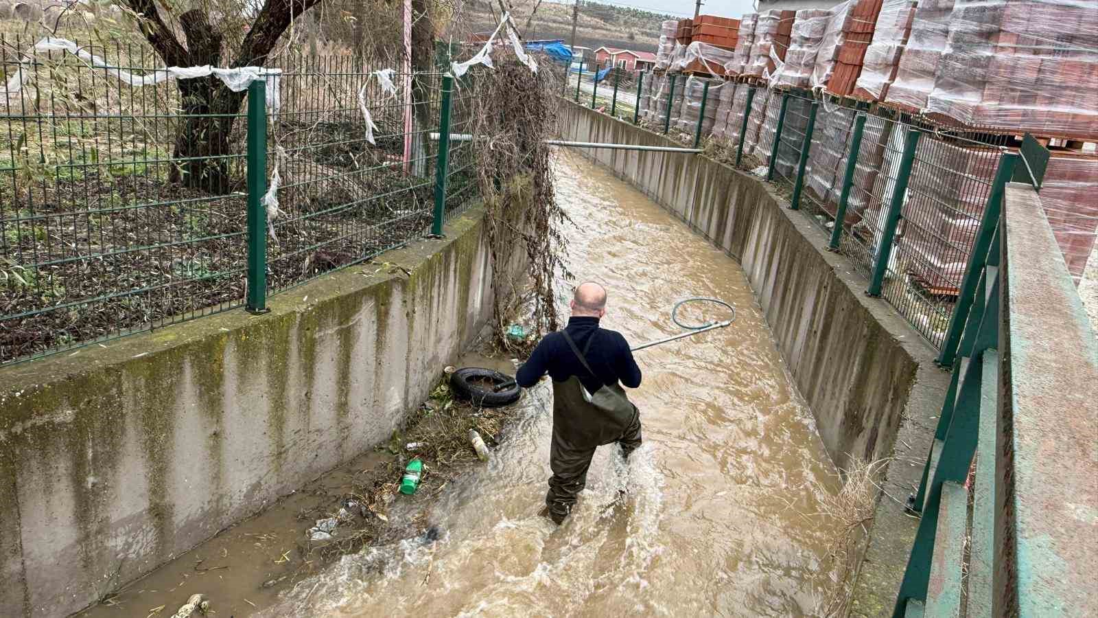 Manyas’ta tahliye kanalına düşen 2 köpek kurtarıldı
