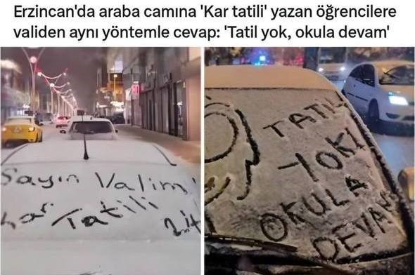 Erzincan’da araba camına ‘Kar Tatili’ yazan öğrencilere Validen aynı yöntemle cevap: ‘Tatil Yok Okula Devam’
