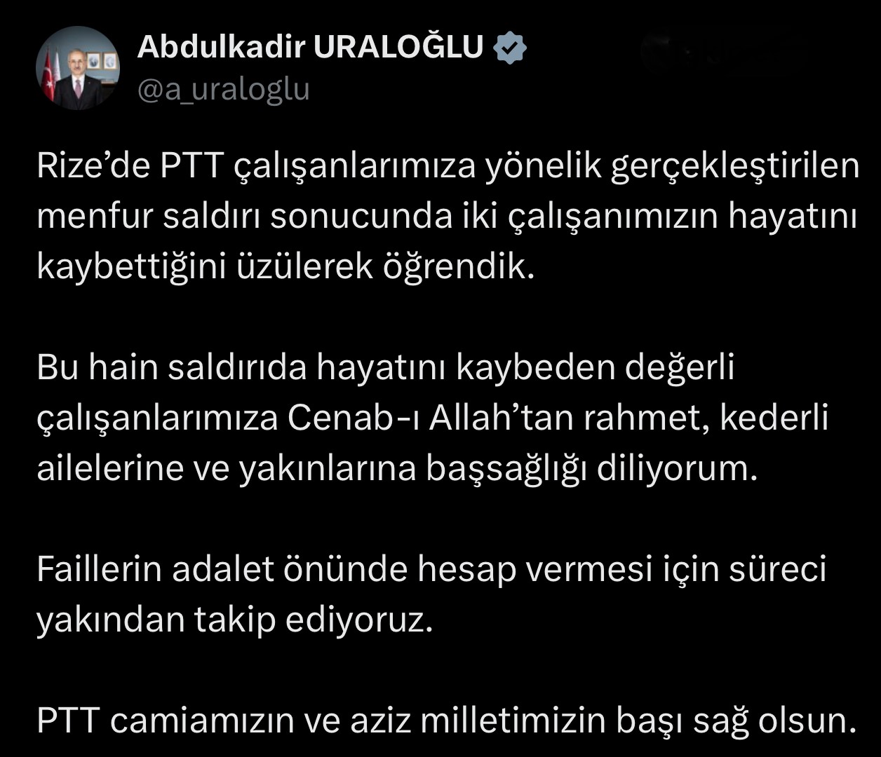 Bakan Uraloğlu’ndan PTT binasına yapılan saldırıda hayatını kaybedenler için taziye mesajı
