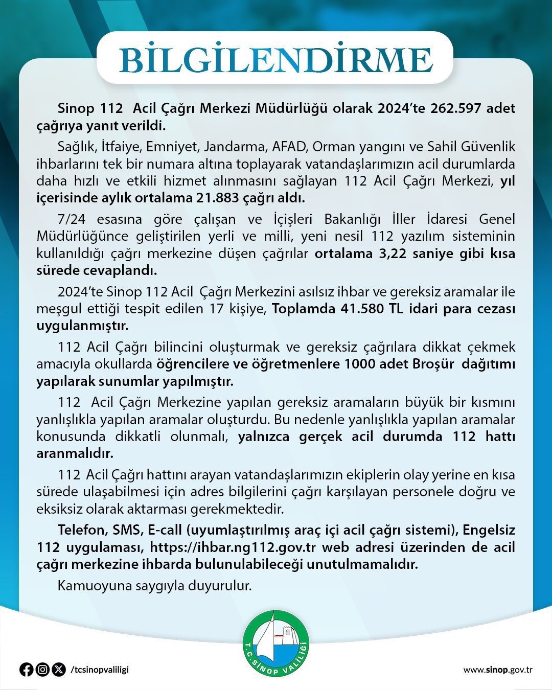 Sinop’ta 112’ye asılsız ihbar yapan 17 kişiye para cezası
