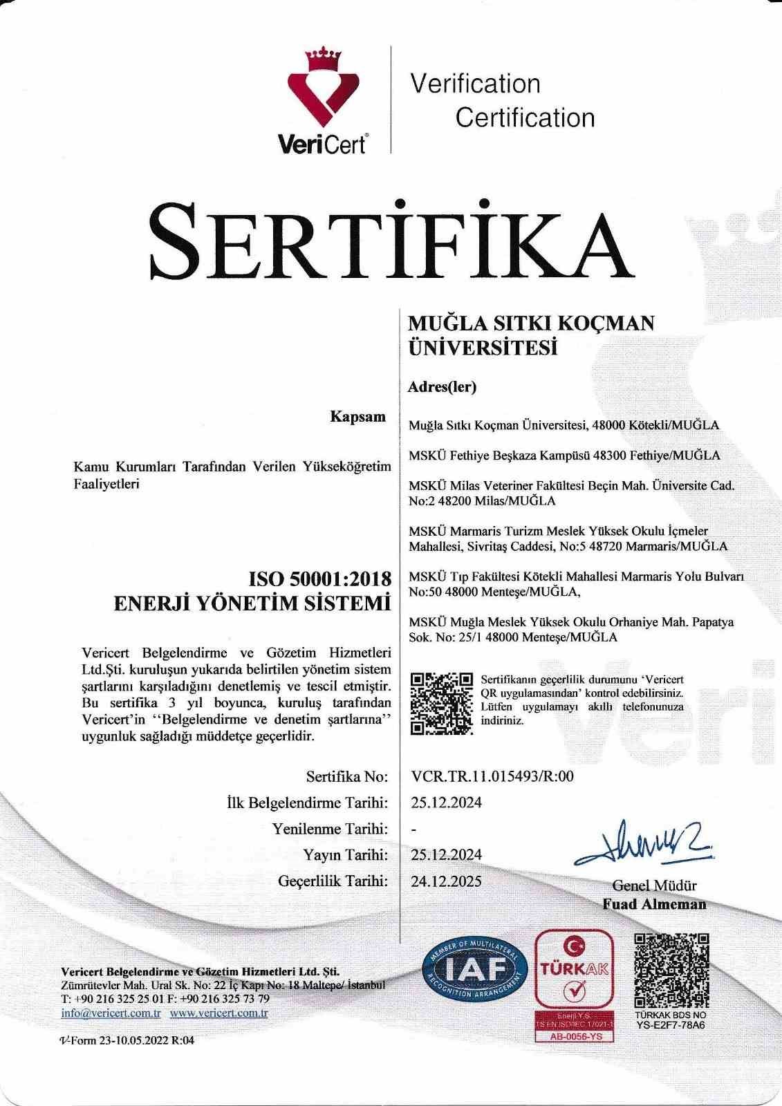 MSKÜ TS EN ISO 50001 Enerji Yönetim Sistemi Sertifikasını almaya hak kazandı
